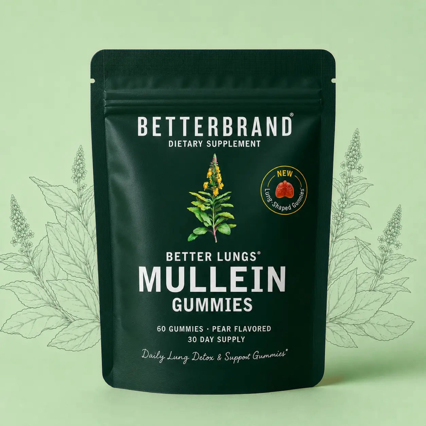 BetterLungs Mullein Gummies pouch, pear flavored, 60 gummies