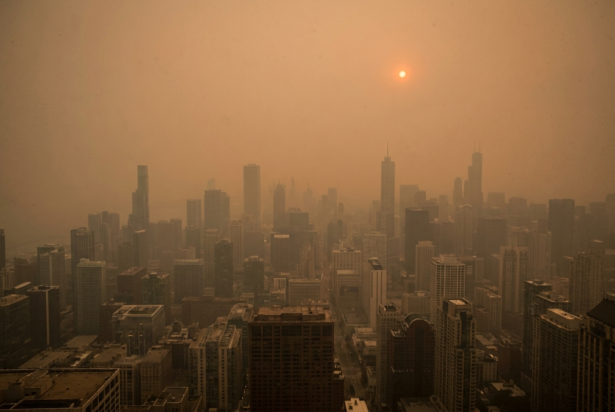 A city skyline blanketed in thick orange wildfire smoke haze